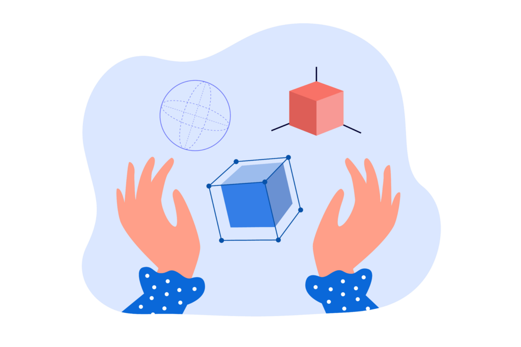 Illustration of two hands surrounded by three different 3D geometric shapes: a sphere, a cube, and a shaded cube with visible vertices and edges, set against a light blue background.