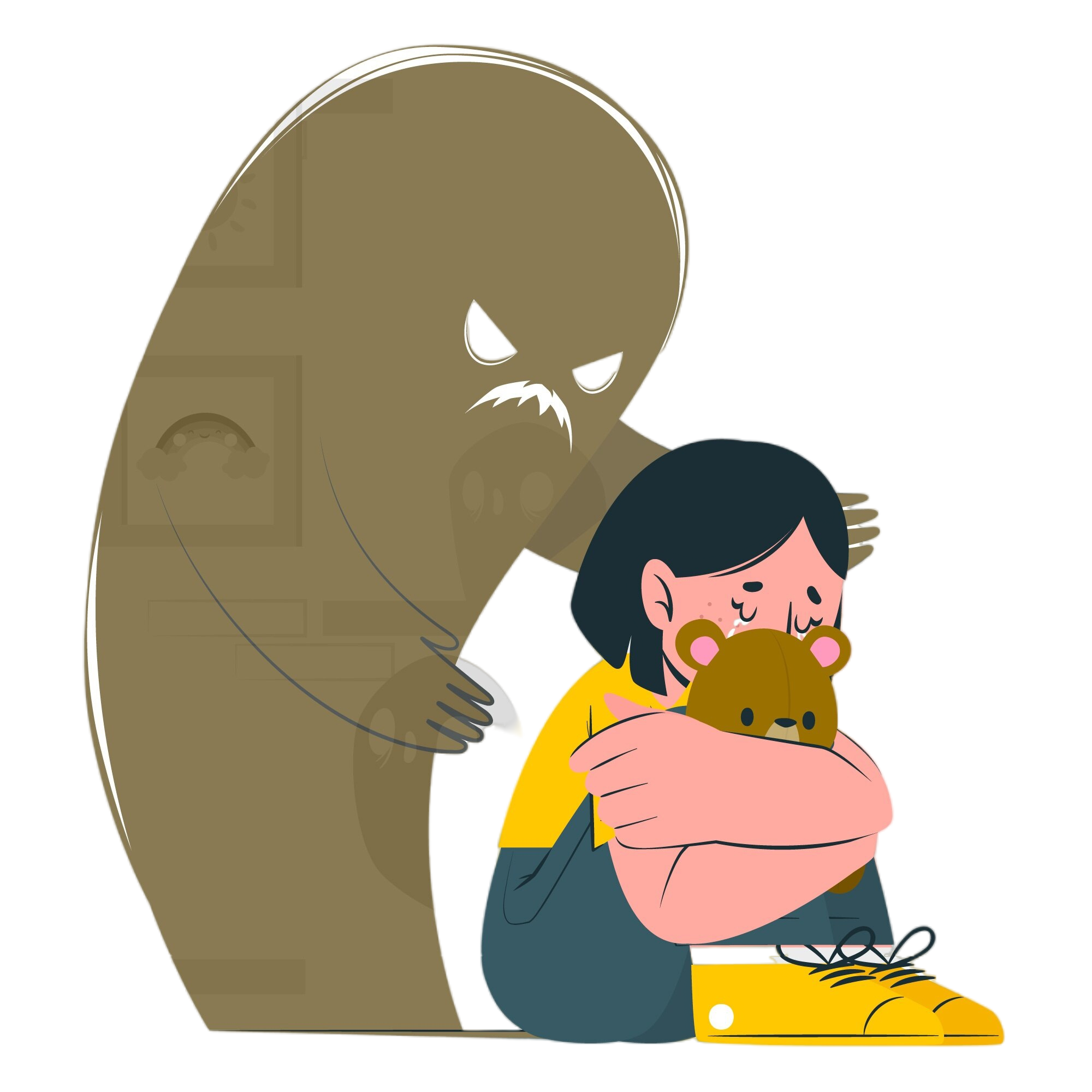 A cartoon illustration of a boy with dark hair, smiling, hugging a teddy bear, sitting at a yellow table with a blue laptop. Behind him is a large, rounded, beige-colored robot or humanoid figure.