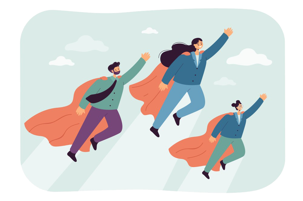 Three animated people flying through the sky wearing capes, with clouds around them.