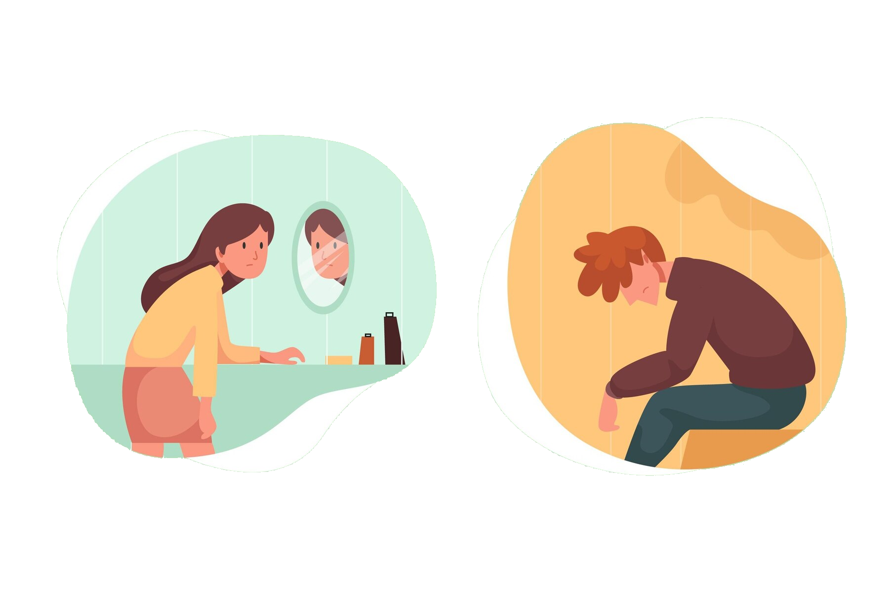 An illustration depicting a woman looking at herself in the mirror at a sink, appearing sad, and a man sitting alone in a separate bubble, looking downcast, in a setting representing emotional distress.