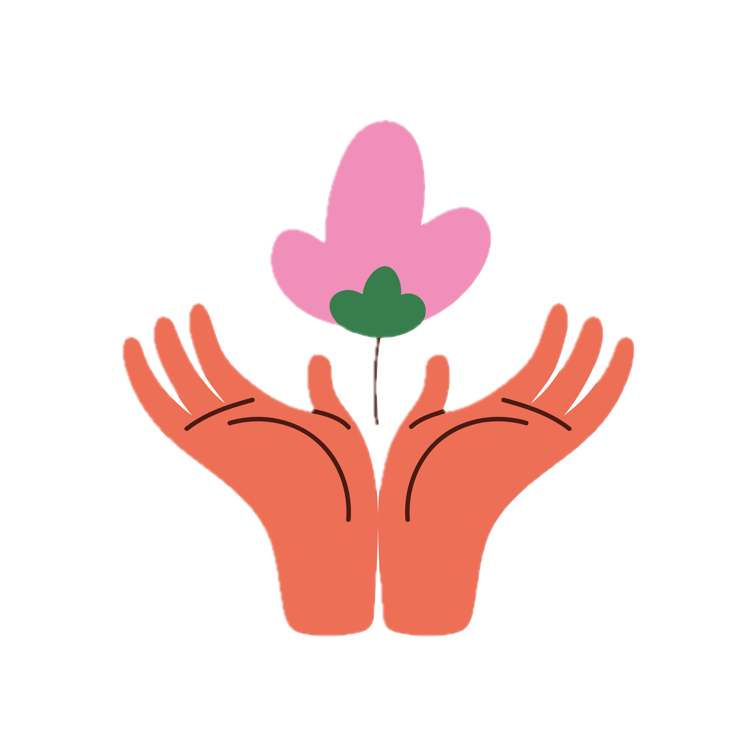 Illustration of a pair of hands holding a pink plant with green leaves.