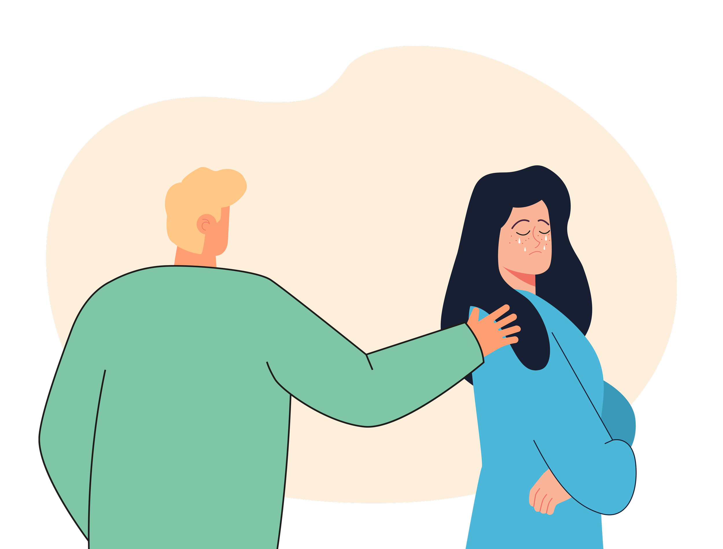 Illustration of a man comforting a woman who is crying, with tears on her face, while she holds a smartphone.
