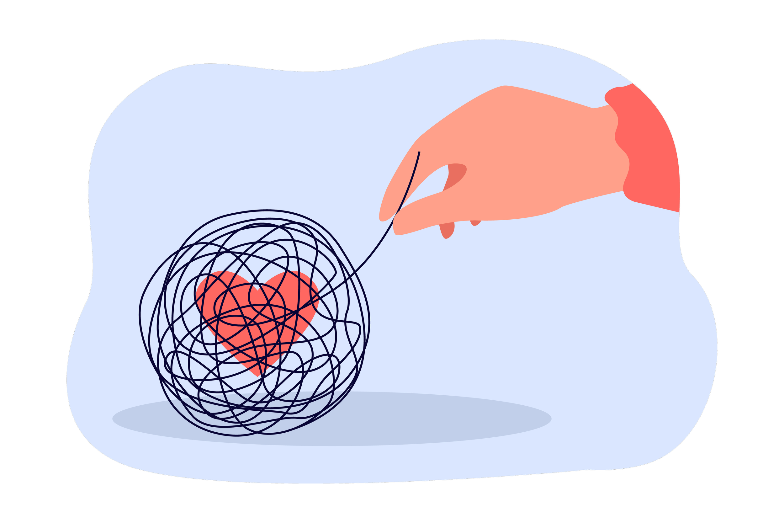 Illustration of a person with a light blue shirt looking at a red heart inside a tangled black wire sphere on their chest, with the person's hand reaching out to the heart.