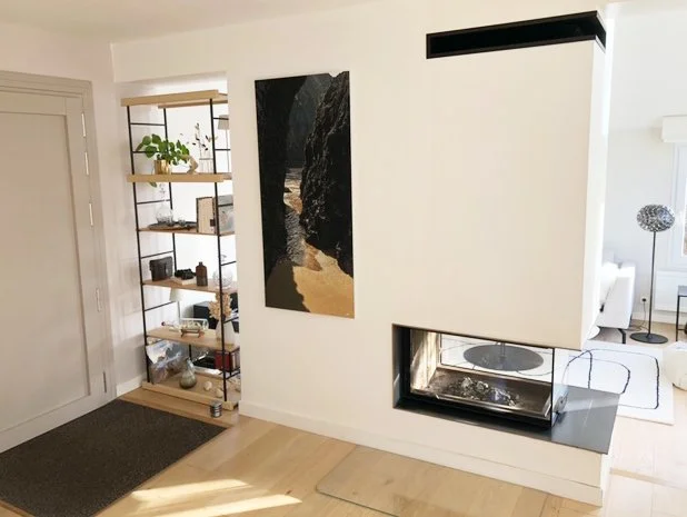Salon moderne avec cheminée encastrée, tableau suspendu représentant une scène de plage ou de roches, étagère en métal avec plusieurs objets décoratifs, plantes en pot sur une étagère en bois, intérieur lumineux et minimaliste.