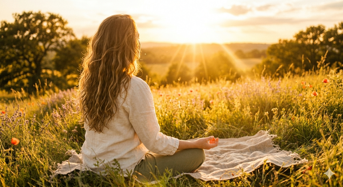 A woman with long, wavy hair, sitting on a blanket in a field of wildflowers during sunset, meditating in a cross-legged position.