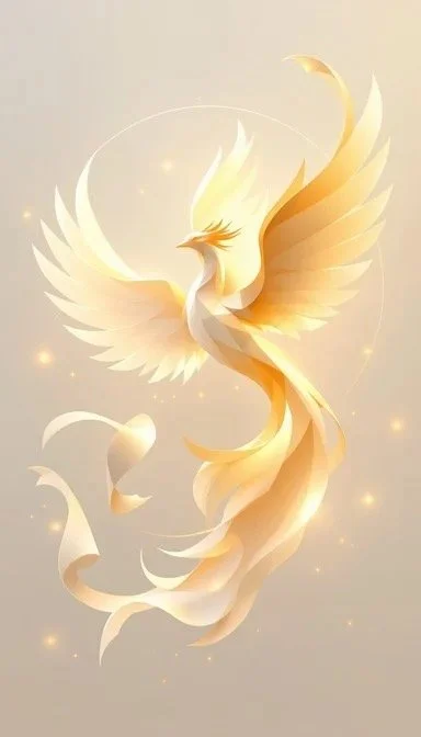 A stylized, glowing phoenix with large wings, a crest on its head, and a long flowing tail, set against a light background with small glowing orbs.