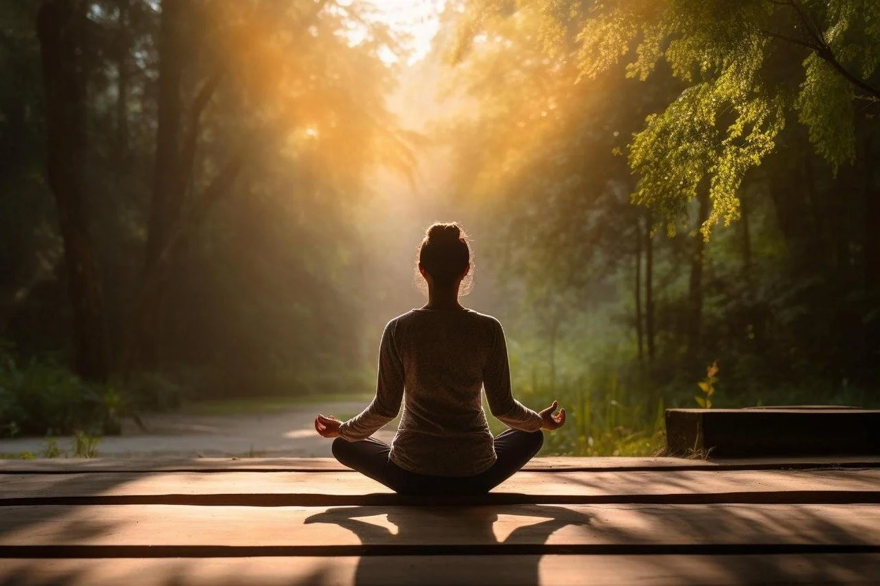 A person practicing meditation outdoors on a wooden platform surrounded by trees, with sunlight filtering through the leaves.