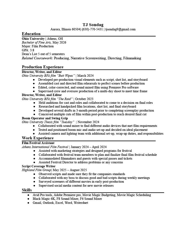 A resume for TJ Sondag, listing education, production experience, work experience, and skills in film and media arts.
