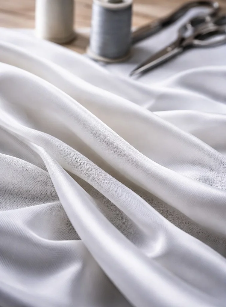 Close-up of white fabric fabric on a work table with sewing tools and threads.