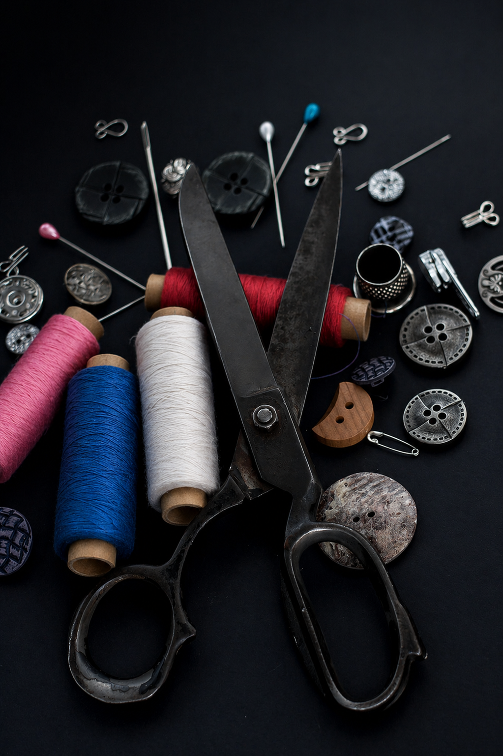 Vintage scissors surrounded by colorful sewing threads, buttons, and sewing pins on a black background.