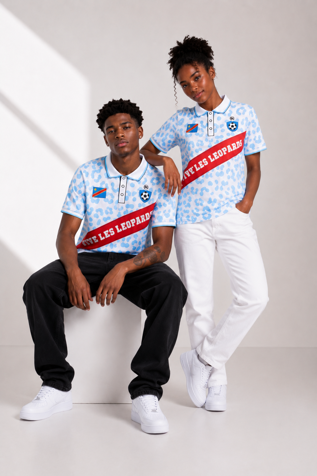 Vive Les Léopards Polo White/Sky Blue