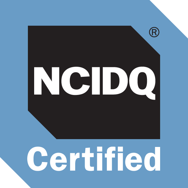 NCIDQ Certified logo on a blue background with a black ribbon border in the top right corner.