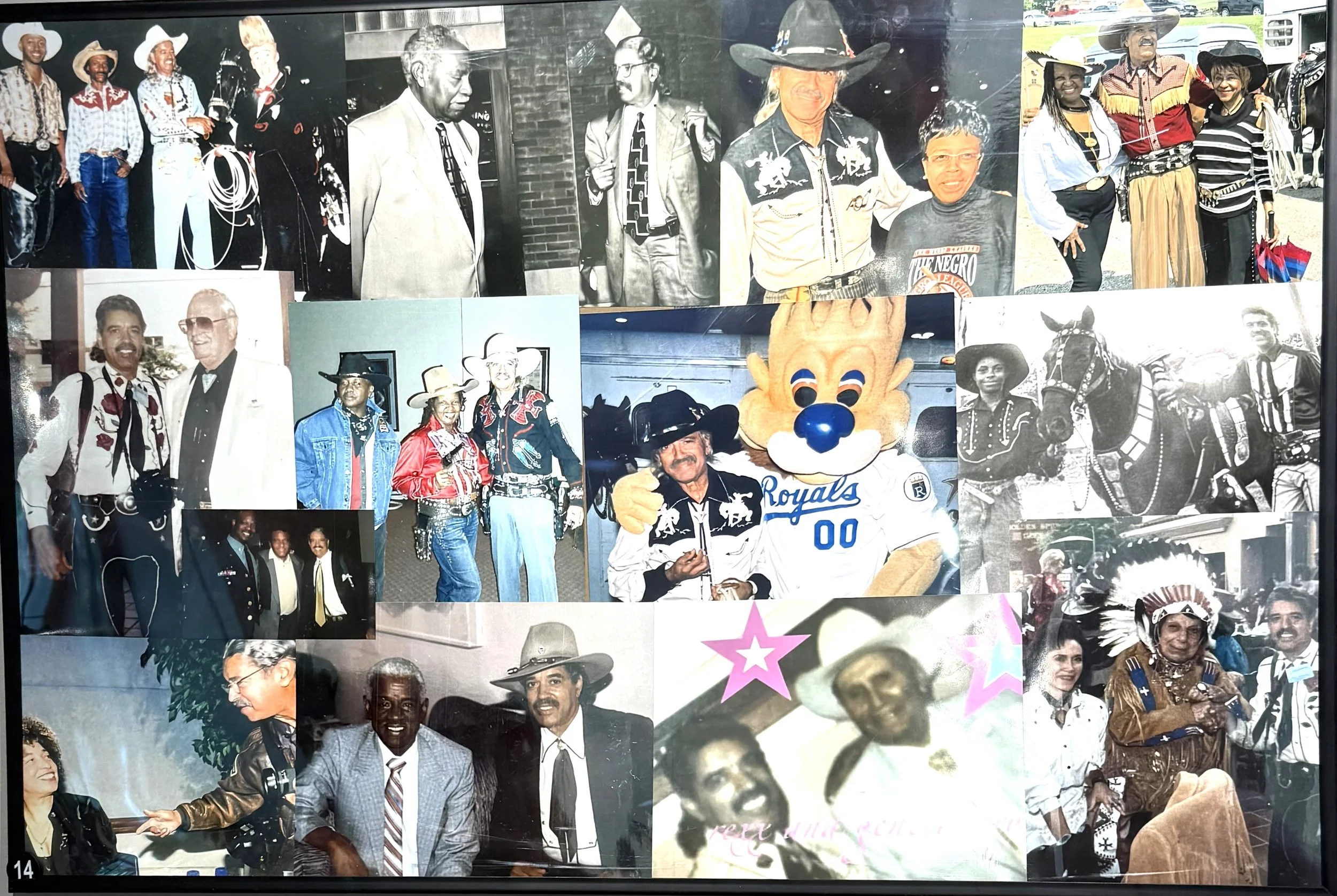 Collage of various people, including some in cowboy hats, historical figures, a person in a lion costume, and others, at an outdoor event or festival.