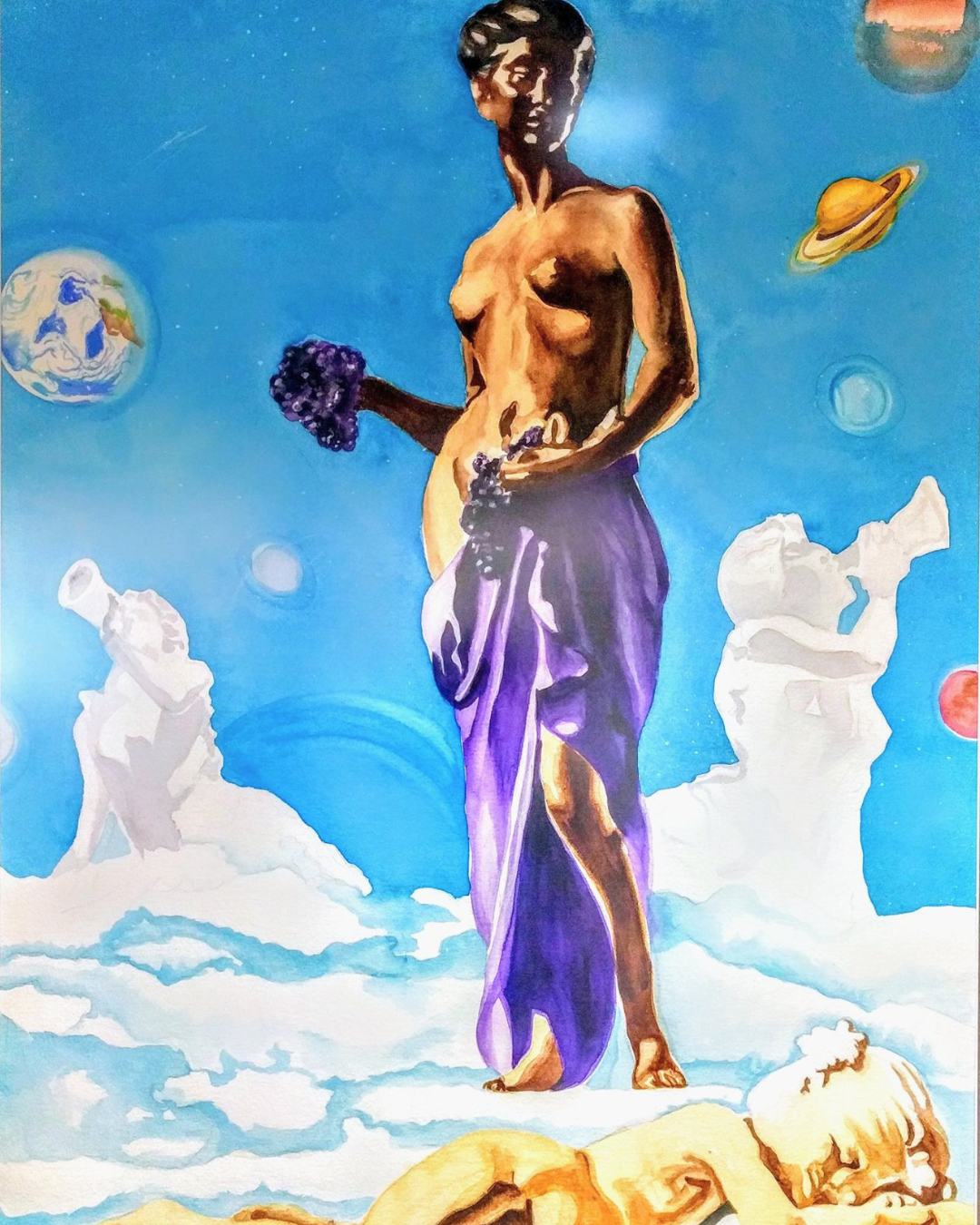 A surreal painting of a standing man with dark hair, bare-chested and wearing purple cloth around his waist, holding grapes in one hand. The background features clouds, planets, and celestial bodies in space.