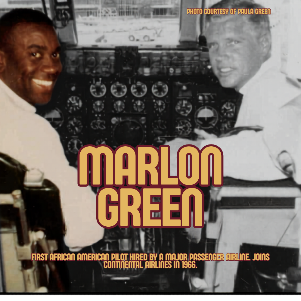 Marlon Green, the first African American pilot hired by a major passenger airline, pictured in a cockpit before joining Continental Airlines in 1966, photo courtesy of Paula Green