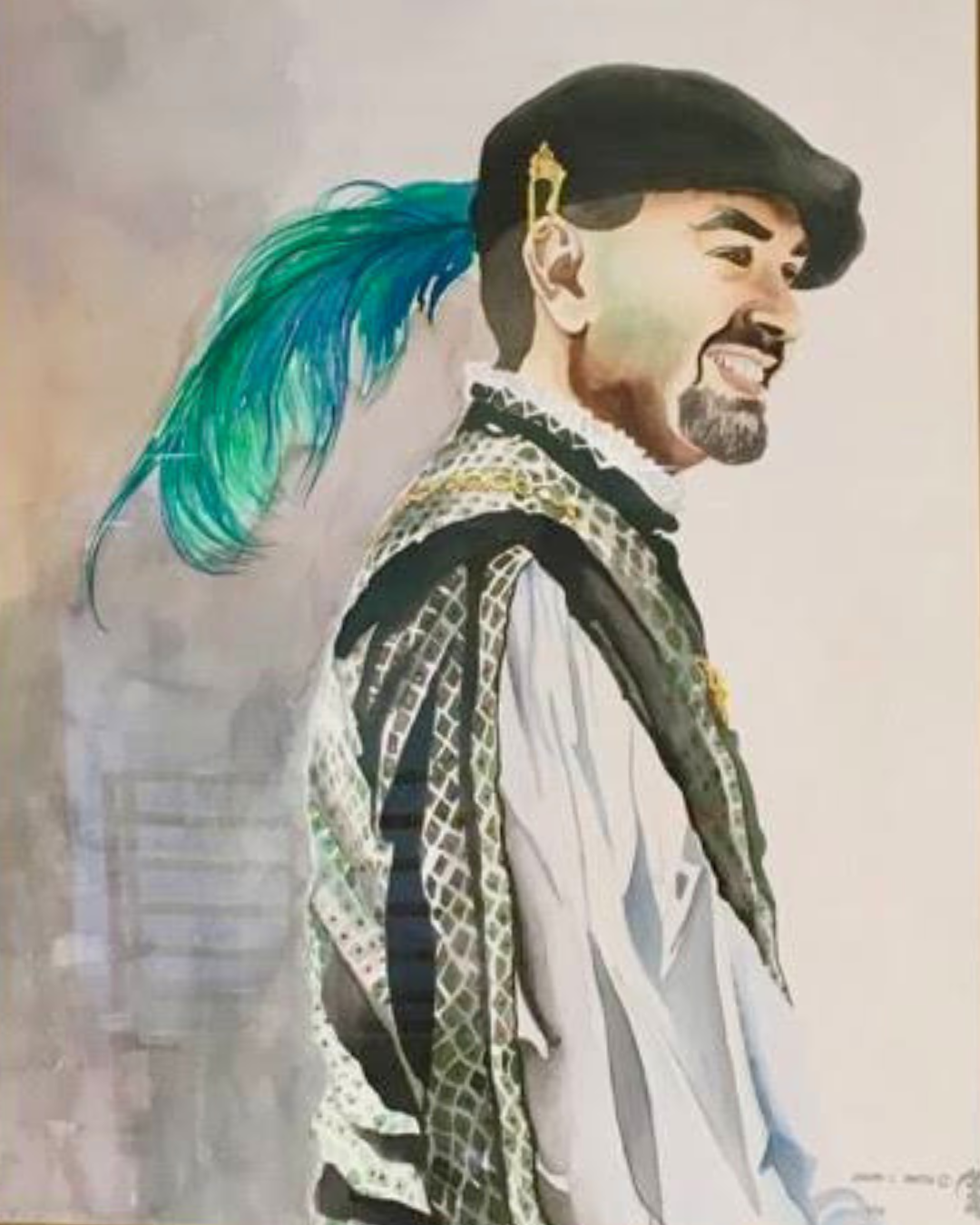 Painting of a smiling man with a beard, dark hair, dressed in traditional clothing with patterns, and a large blue-green feather in his hair.