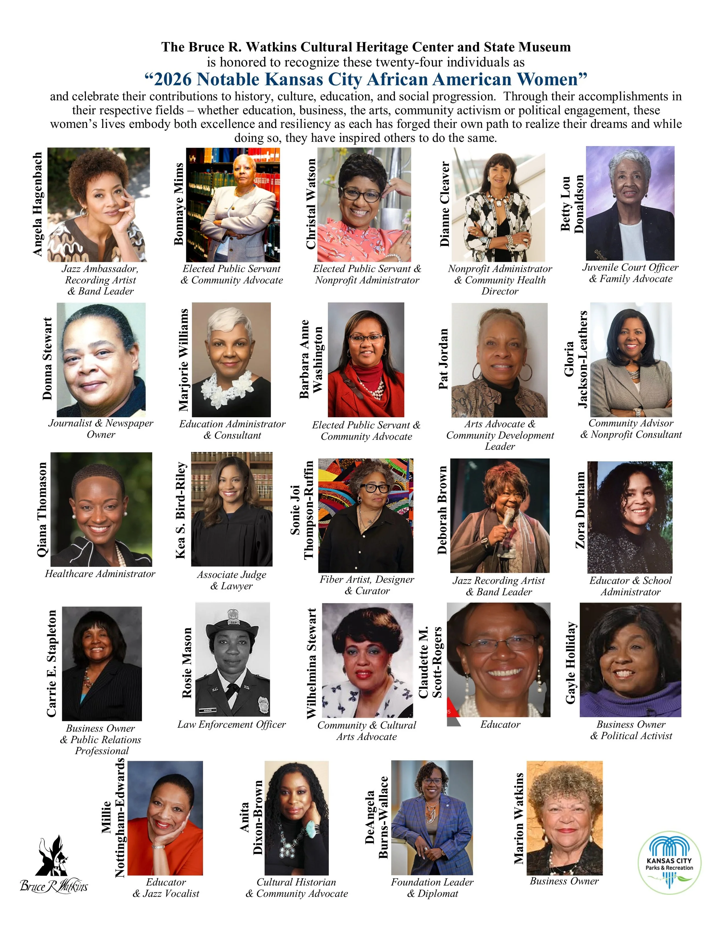 2026 Notable Kansas City African American Women honorees recognized by the Bruce R. Watkins Cultural Heritage Center and State Museum including community leaders, educators, artists, and public servants