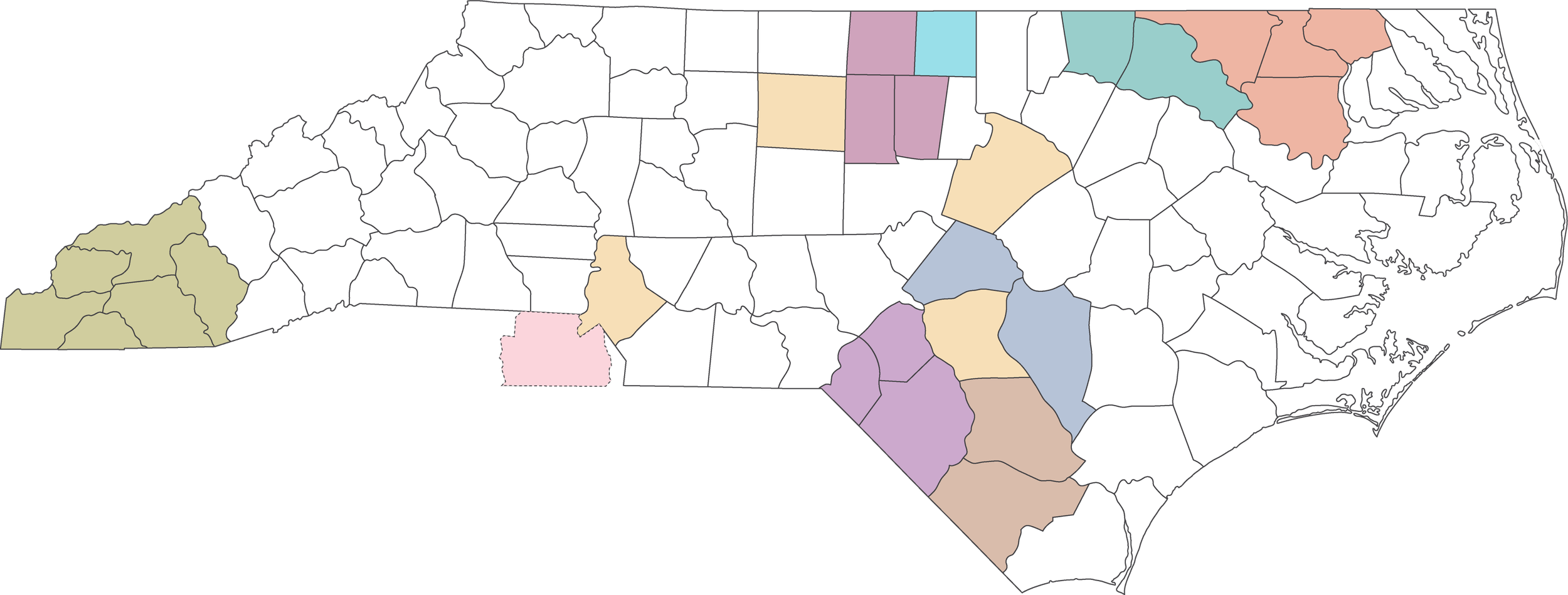 Color-coded map of North Carolina highlighting the counties where the eight recognized tribes of North Carolina (NC) reside and one recognized tribe of South Carolina (SC) resides (added in 2026).