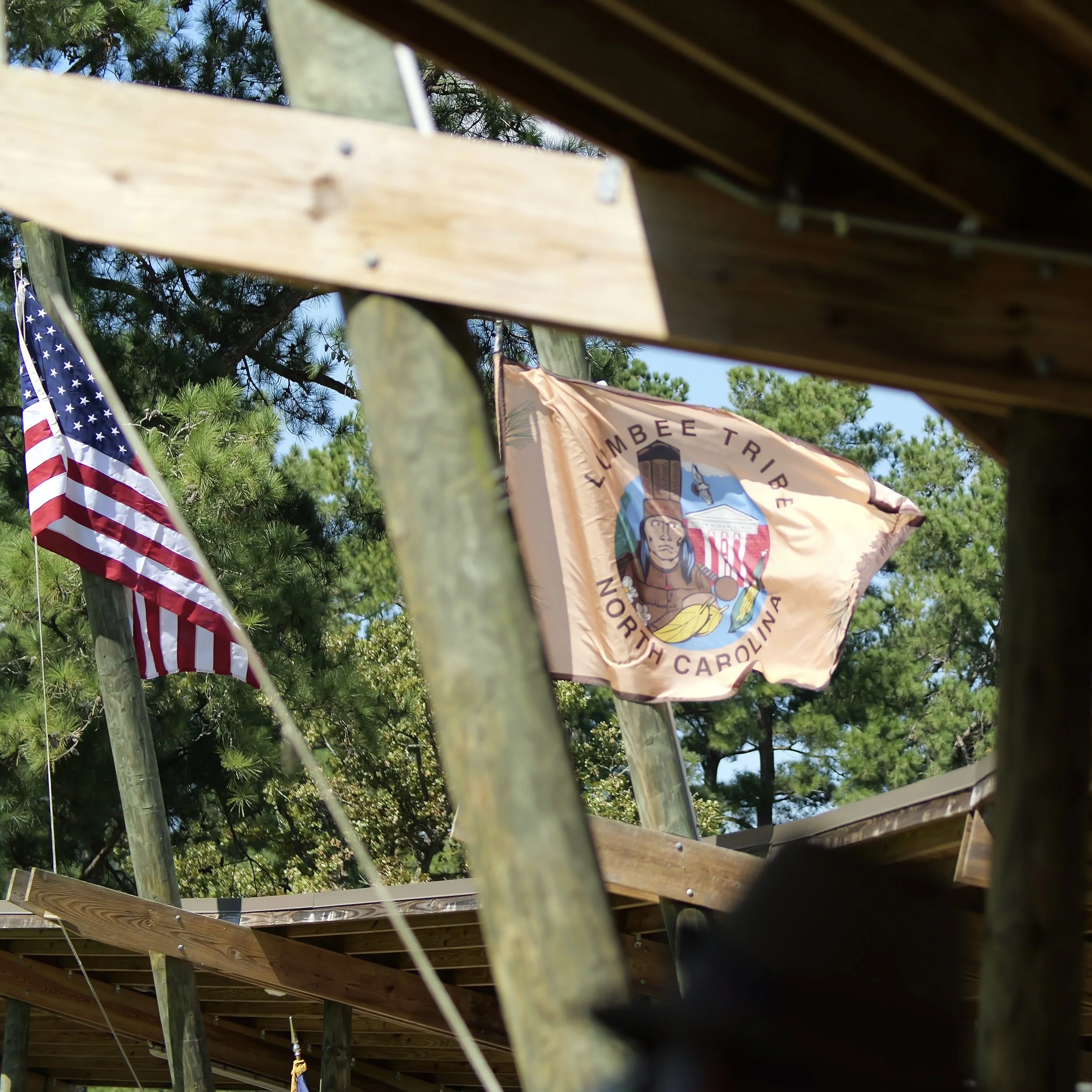 Close-up of the Lumbee flag from the Powwow in 2024.