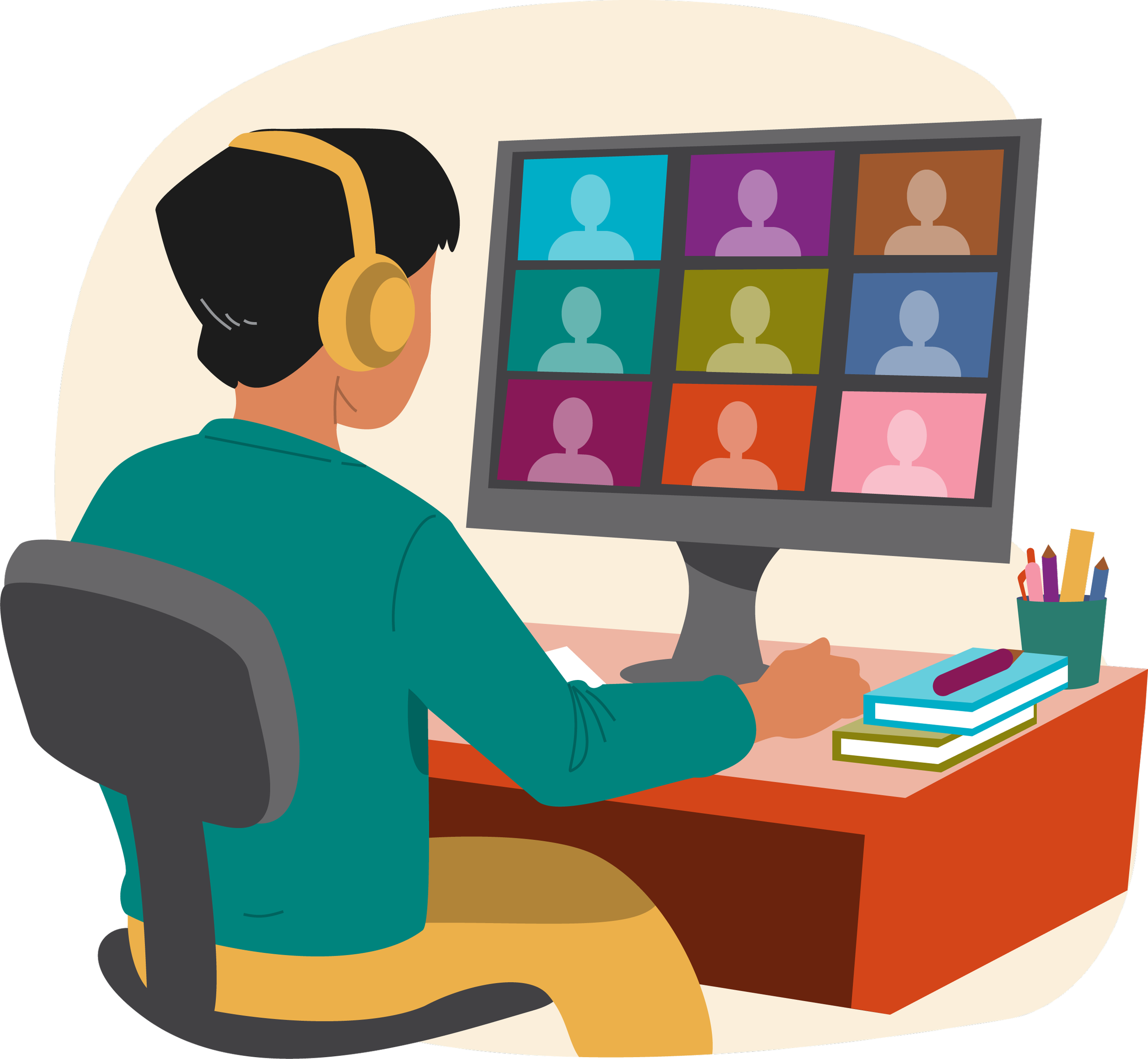 Stylized illustration of person with dark hair wearing headphones sitting at a desk with stacks of books, working on a computer with a virtual meeting on the screen.
