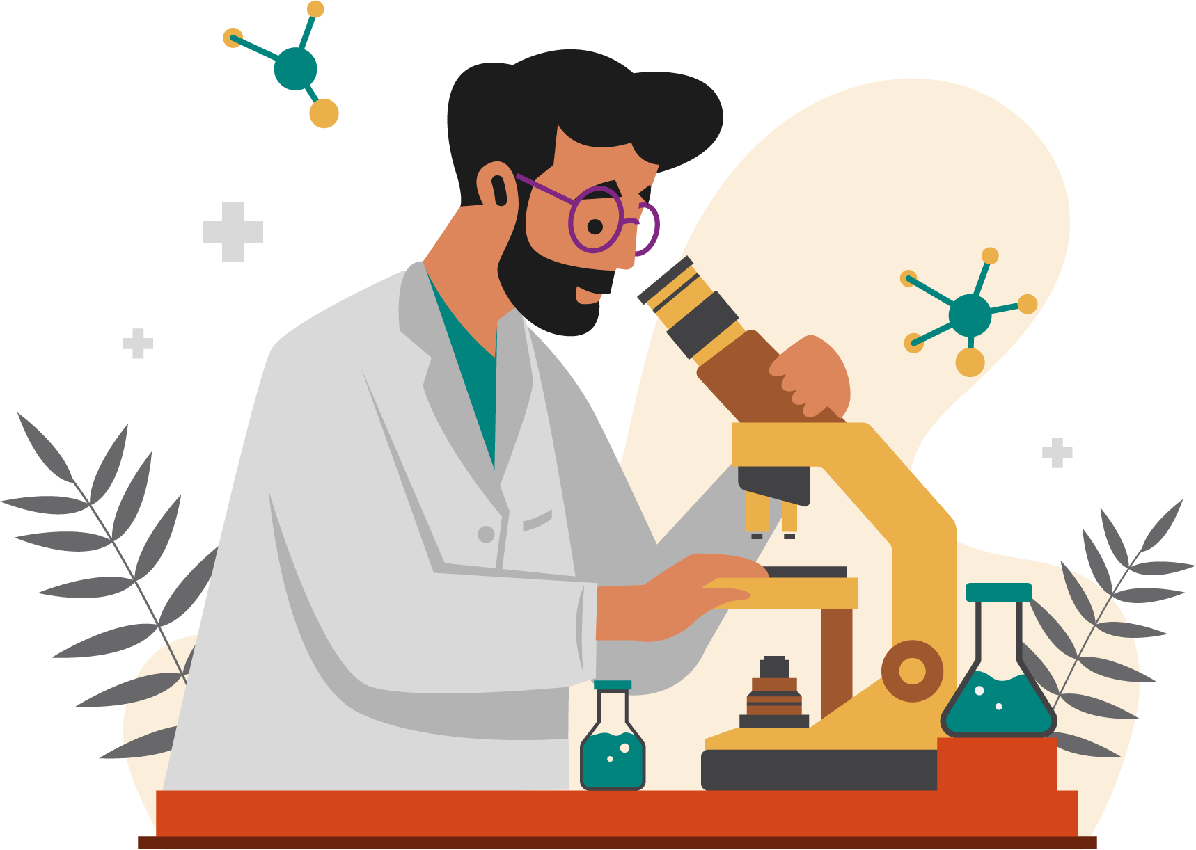 Stylized illustration of a scientist with glasses and a beard examining a sample through a microscope in a laboratory setting, surrounded by laboratory equipment and plants.
