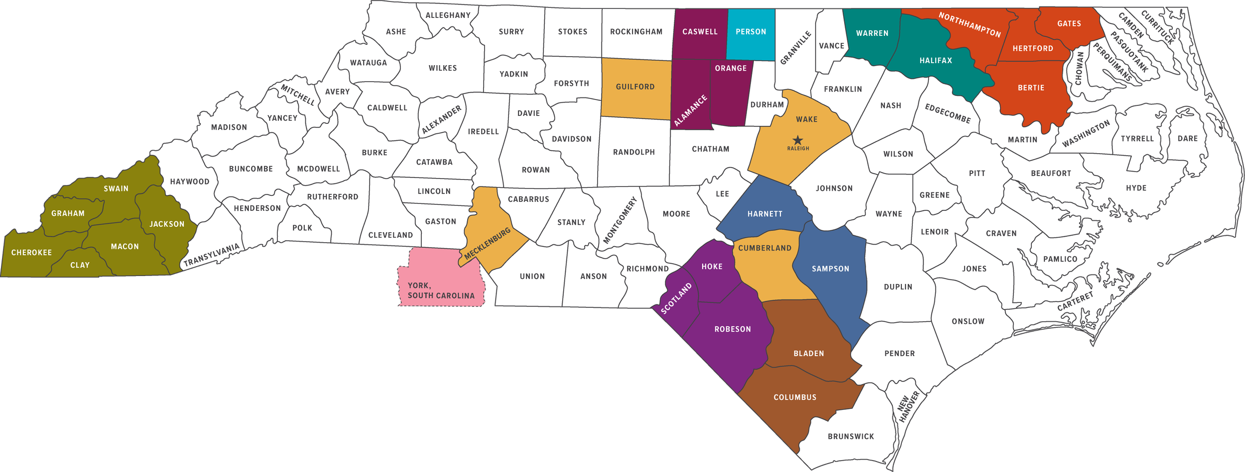 Color-coded map of North Carolina highlighting the counties where the eight recognized tribes of North Carolina (NC) reside and one recognized tribe of South Carolina (SC) resides (added in 2026).