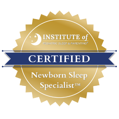 Gold and navy certication badge for the Institute of Pediatric Sleep & Parenting, indicating Newborn Sleep Specialist certification.