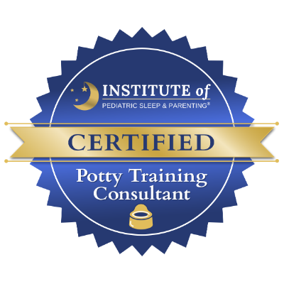 Seal from the Institute of Pediatric Sleep & Parenting indicating certified Potty Training Consultant with a gold ribbon and a small potty icon.