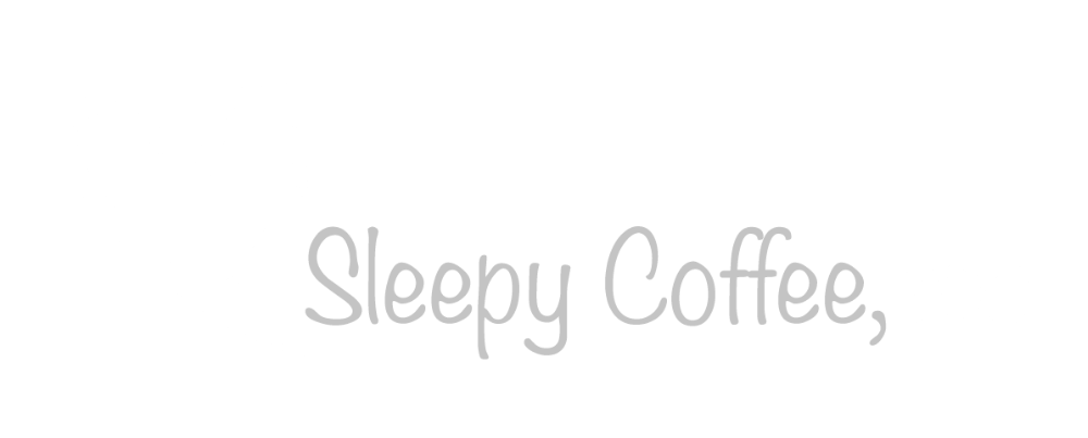 Logo with a black background with a white outline of a heart and the text 'Sleepy Coffee, too' in gray and white letters.