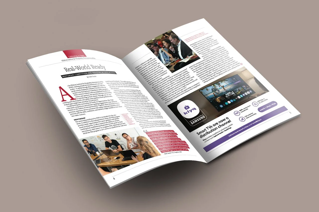 Magazine spread with articles and images about mentorship, new technology, and smart TVs, spread open on a beige surface.