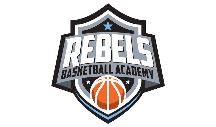 Rebels Basketball Academy of Bucks County logo with a shield design, featuring a basketball at the bottom, stars, and bold text.