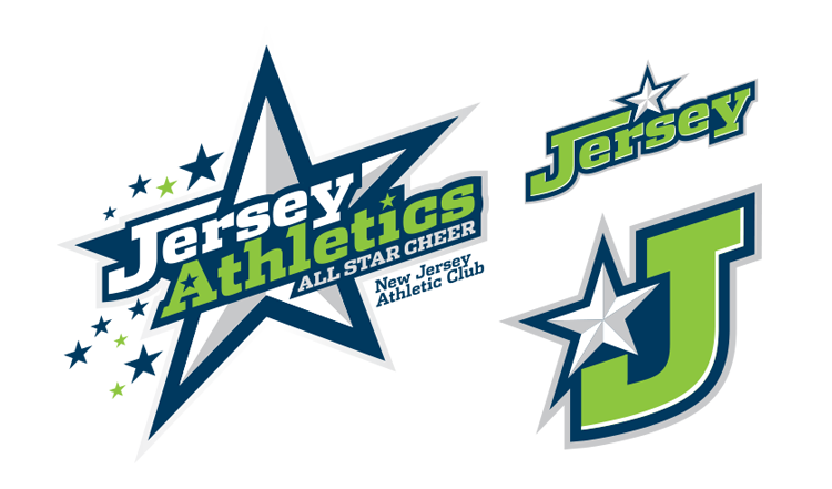 Logo of Jersey Athletics All Star Cheerleading, featuring a large star with the word 'Jersey' and 'athletics', and a smaller star with the letter 'J'.