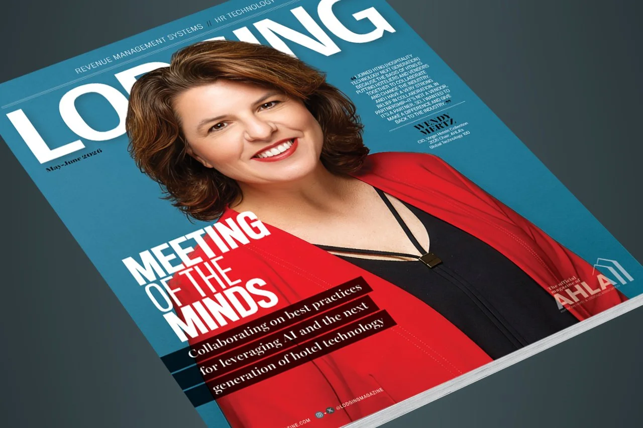 LODGING Magazine cover featuring a smiling woman with the headline 'Meeting of the Minds' and an AI hotel technology subheading.