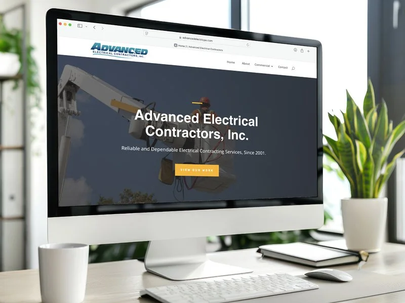 Computer monitor displaying the homepage of Advanced Electrical Contractors, Inc., showing an electrician working on electrical lines with an aerial lift.