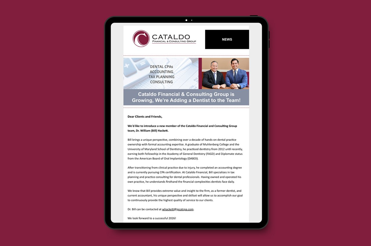 A tablet displays a website for Cataldo Financial & Consulting Group, featuring a news update about adding a new dentist team member, Dr. William (Bill) Hackett, with a photo of two men in suits. The background is maroon.