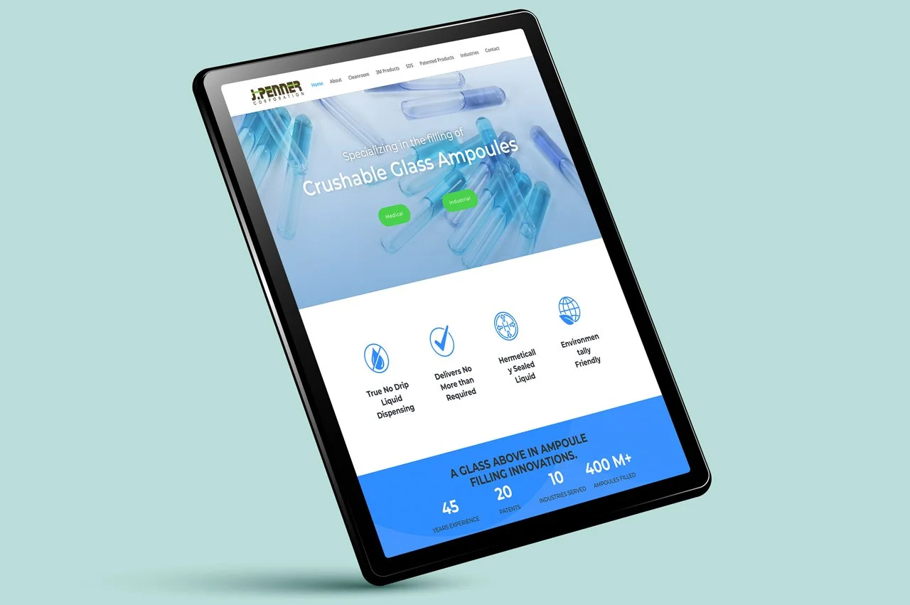 Tablet displaying the J. Penner website featuring custom crushable glass ampoules, product benefits, and filling industry experience.