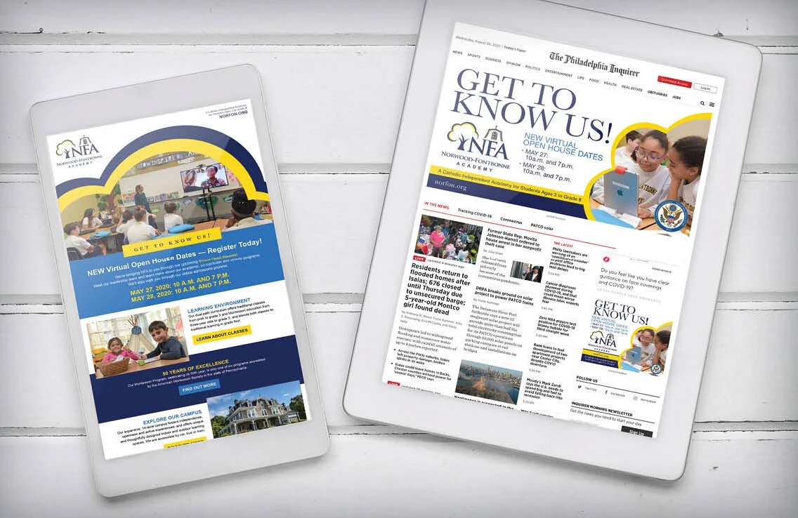 Two tablets displaying the Norwood-Fontbonne Academy virtual open house webpage and its digital advertising in The Philadelphia Inquirer."