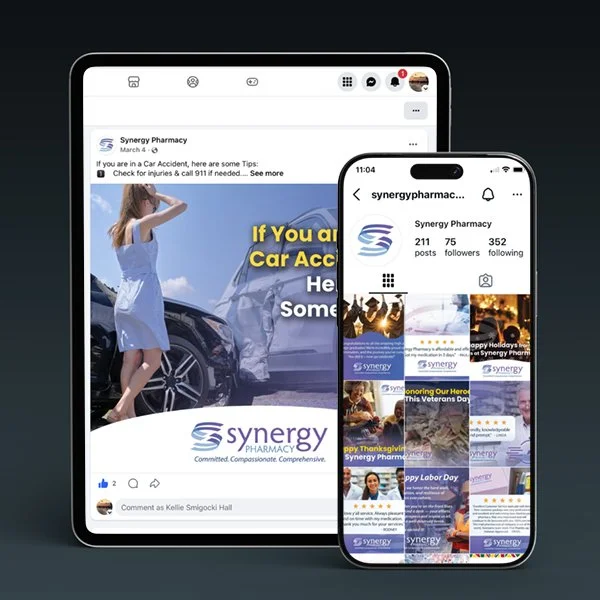 Social media profile for Synergy Pharmacy displayed on mobile devices, featuring a car accident advice post.