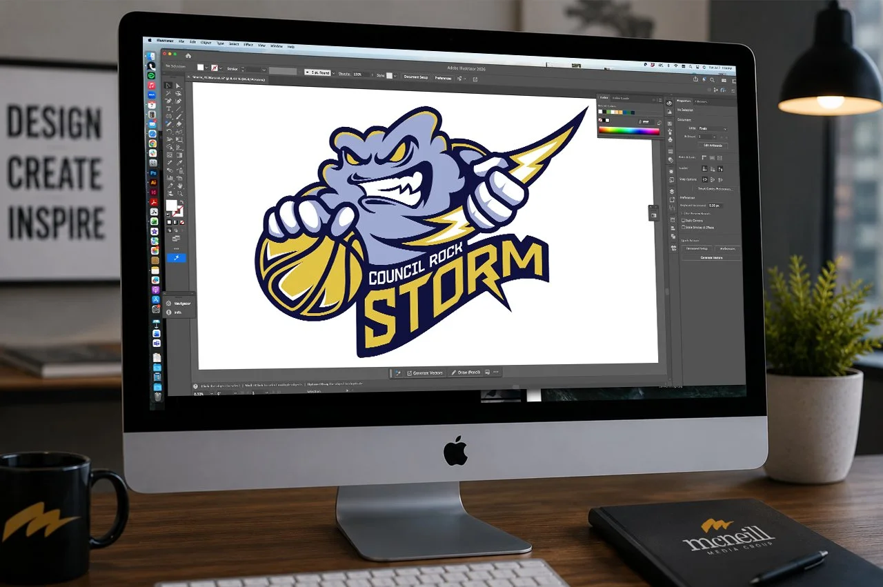 Computer monitor displaying a logo design of a lightning-throwing cloud with the text 'Council Rock Storm'.