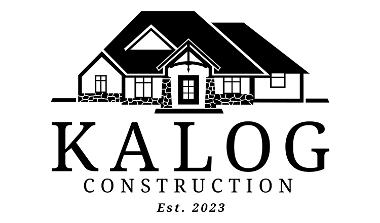 Black and white line logo of a house for Kalog Construction. 