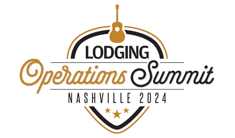 Gold and black logo for the LODGING Operations Summit Nashville 2024 featuring a guitar and badge design.
