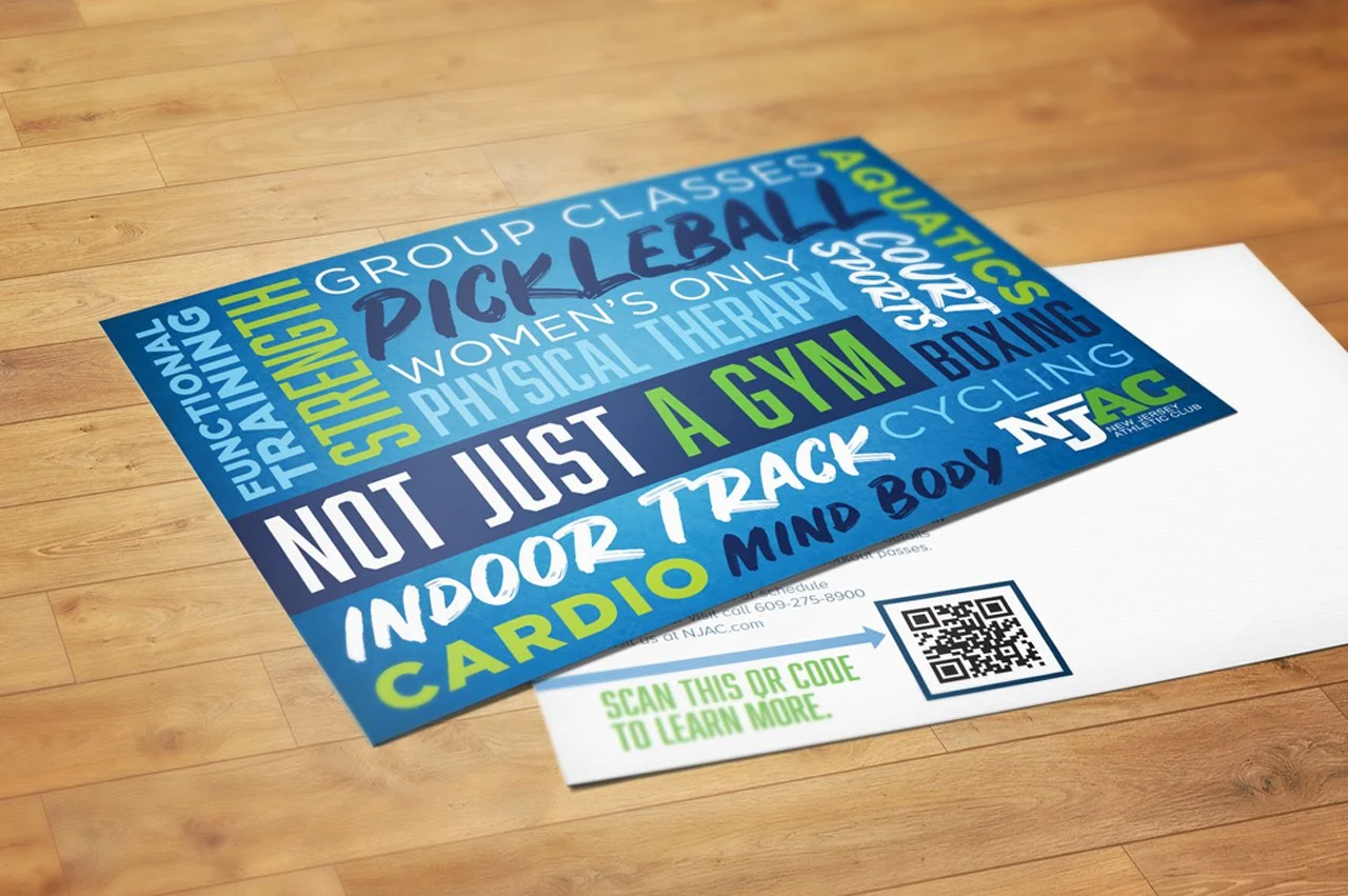 Colorful post-card promoting fitness activities at the New Jersey Athletic club, on a wooden floor.