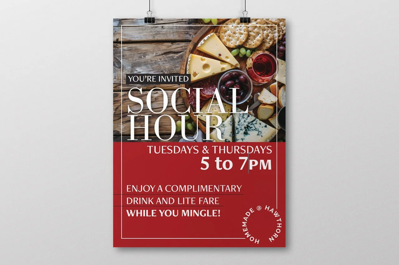 Social hour invitation flyer featuring a cheese platter with grapes, crackers, and wine on a wooden table. Text indicates social hour is Tuesdays and Thursdays from 5 to 7 PM with complimentary drinks and lite fare.