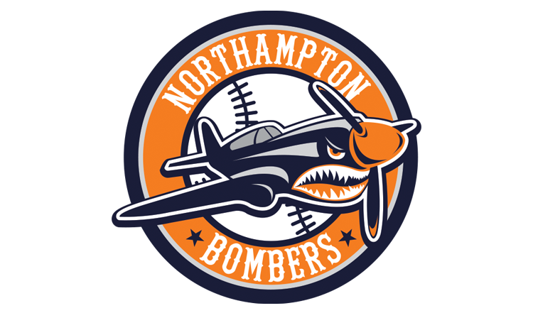Illustration of an airplane with an aggressive face, flying past a baseball with a nose, representing the Northampton Bombers baseball club logo.