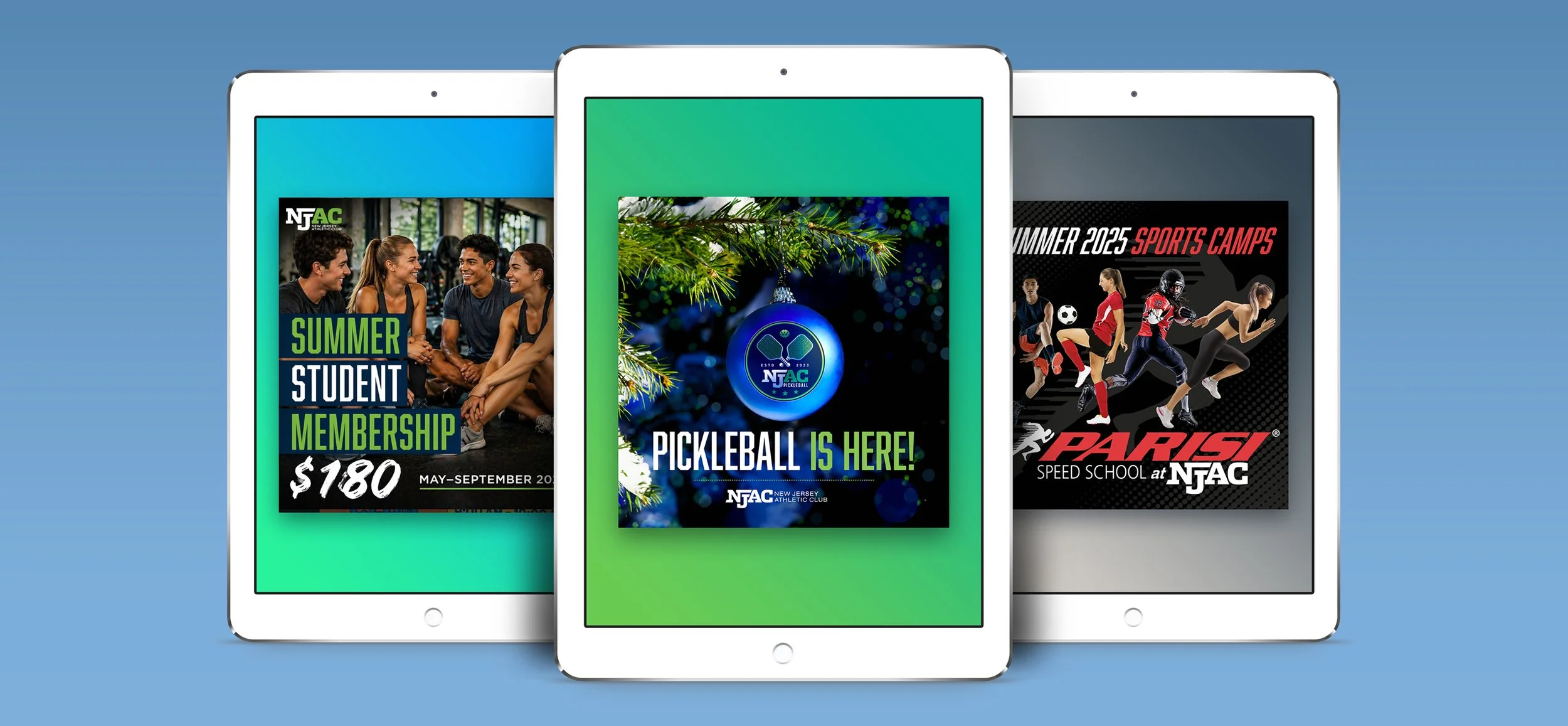 Three tablets displaying promotional images for NJAC athletic programs, including summer student membership, pickleball, and sports camps.