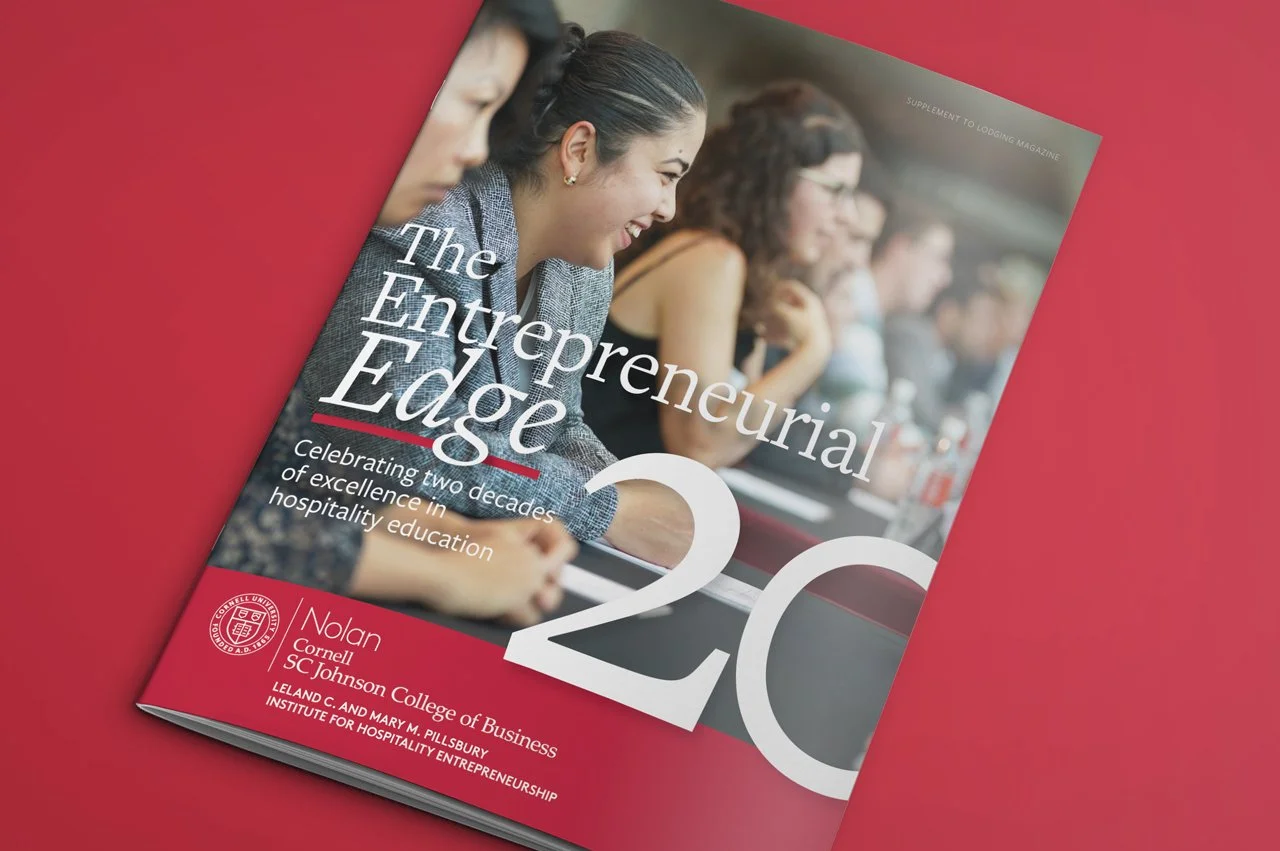 Cornell University magazine cover titled 'The Entrepreneurial Edge 20' featuring a smiling group at a hospitality seminar..