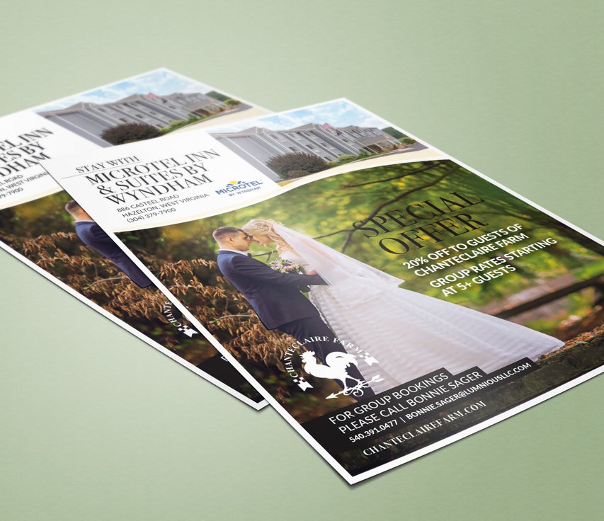 Flyers advertising a wedding venue, featuring a bride and groom, with details about special offers and contact information for group bookings at Chanticleer Farm.