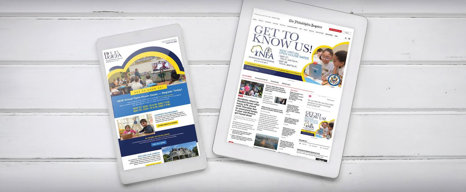 Norwood-Fontbonne Academy promo displaying the front pages of a newspaper and a website, both promoting virtual open house dates for a school, with children and colorful graphics.