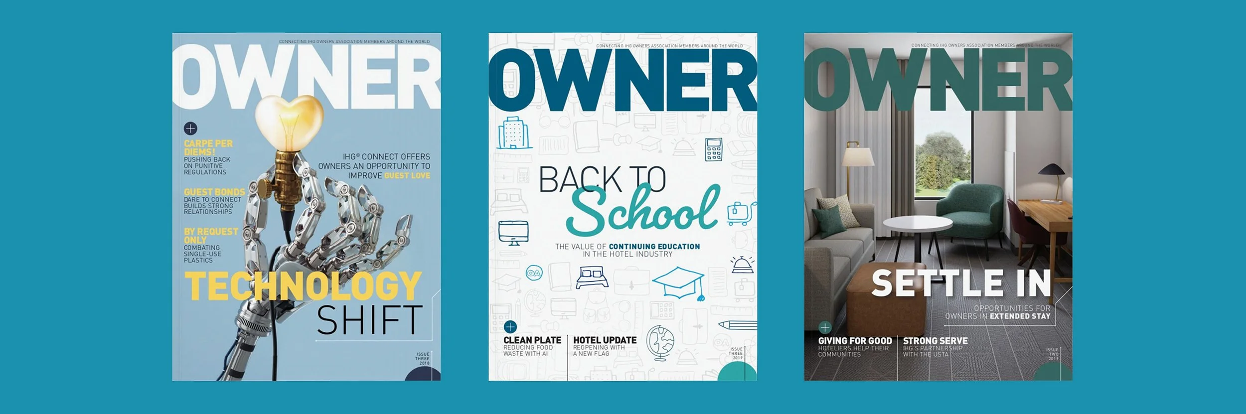 Three covers for 'OWNER' magazine with themes on technology, back to school, and settling in, displayed against a blue background.