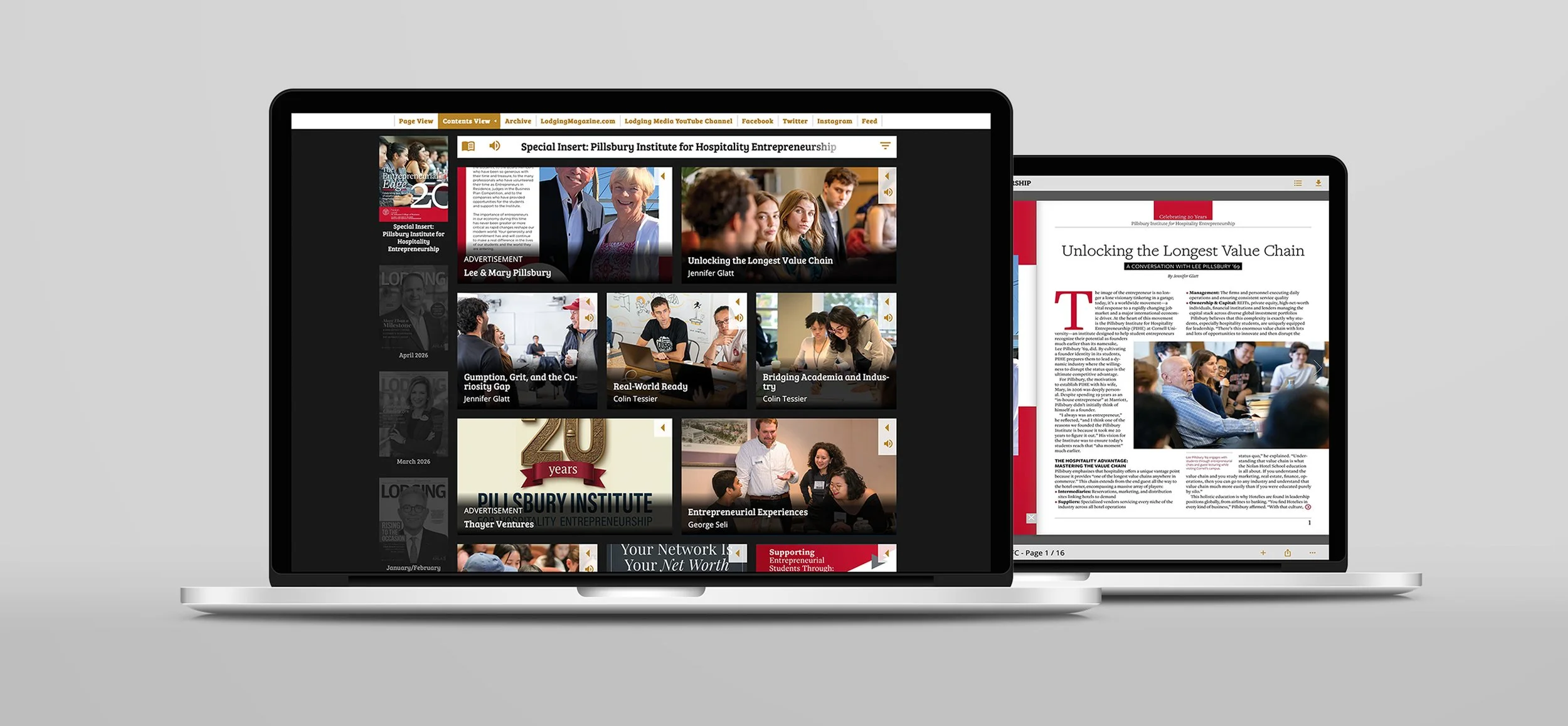 Open laptop displaying a webpage for the Pillsbury Institute for Hospitality Entrepreneurship Insert Digital Edition, with a  article titled 'Unlocking the Longest Value Chain' on a Tablet.
